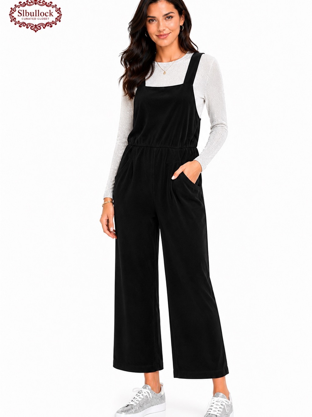 J2 Silence + Noise Black Velour Stretch Pocket Jumper Jumpsuit Size Medium